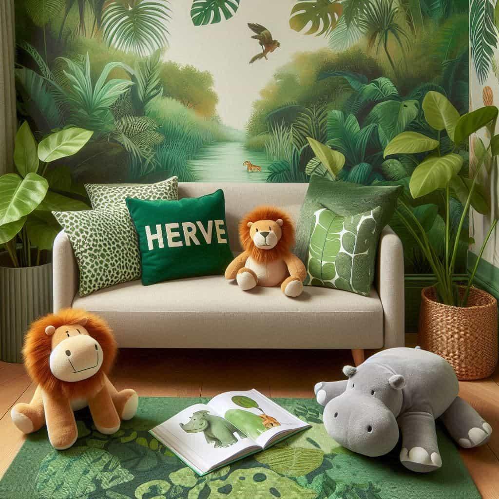 Chambre enfant theme jungle personnalisee avec le prenom herve coussins peluche lion peluche hippopotame canape