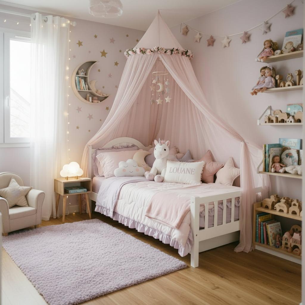 Chambre enfant theme licorne rose ciel lit baldaquin personnalise louane