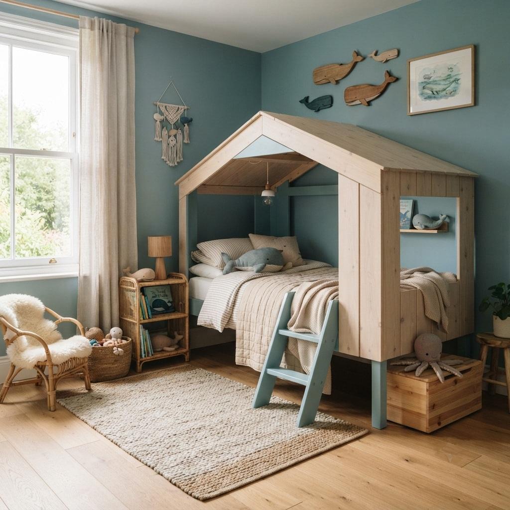 Chambre enfant theme mer avec lit cabane en bois clair mur bleu ocean decorations baleine mobilier naturel et ambiance douce et lumineuse 1