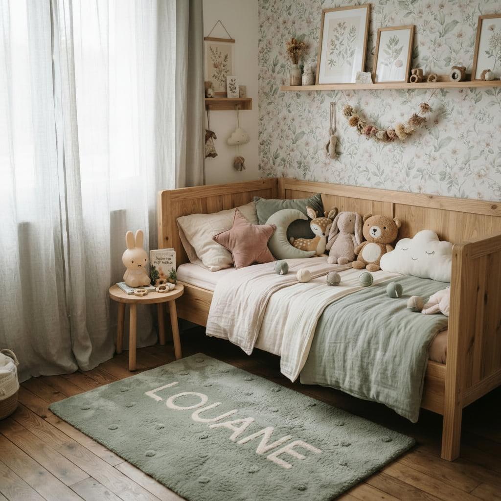 Chambre enfant theme naturel bois clair tapis personnalise louane linge lit rose vert sauge