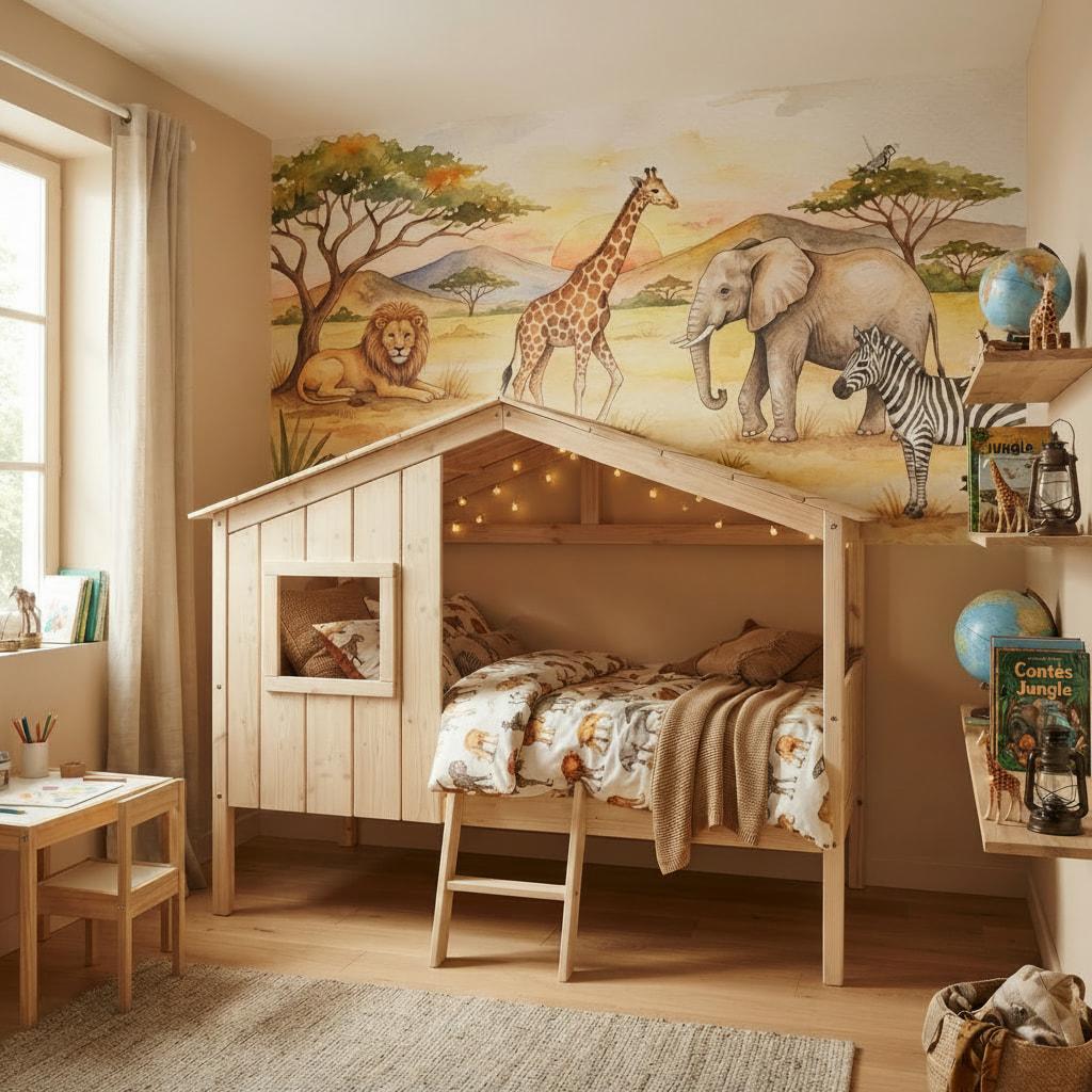 Chambre enfant theme safari avec fresque murale savane lion girafe elephant lit cabane bois clair tons ocre et sable style naturel