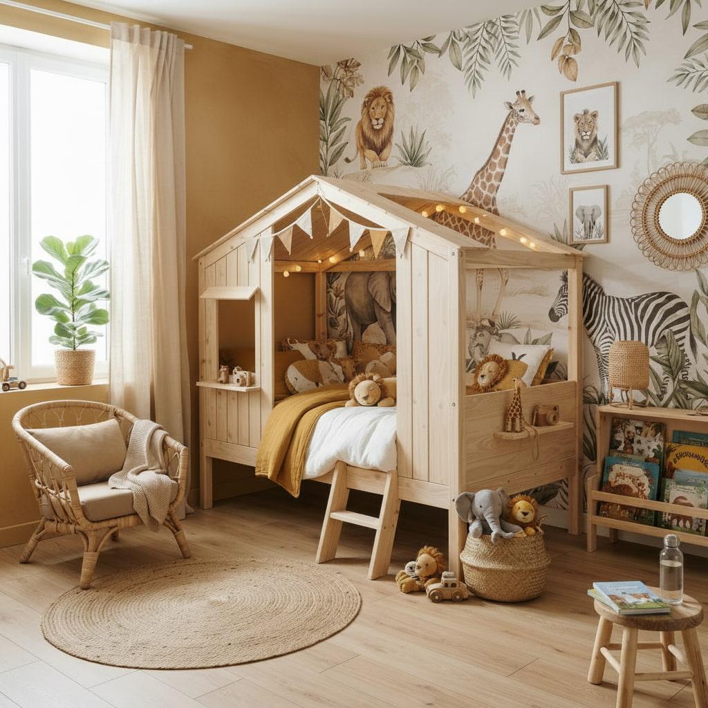 Chambre enfant theme safari avec lit cabane en bois papier peint animaux de la savane decoration naturelle en rotin et tons ocre