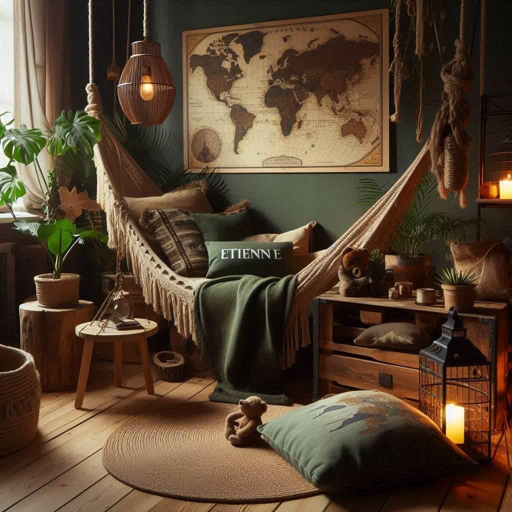 Chambre d'enfant aux tons naturels avec meubles en bois recyclé, plantes, hamac et cartes vintage pour une ambiance aventureuse et apaisante, prénom etienne