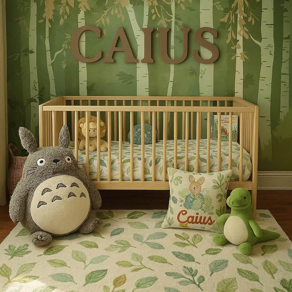 Chambre enfant totoro personnalisee avec le prenom caius peluche totoro lit a barreaux en bois tapisserie foret