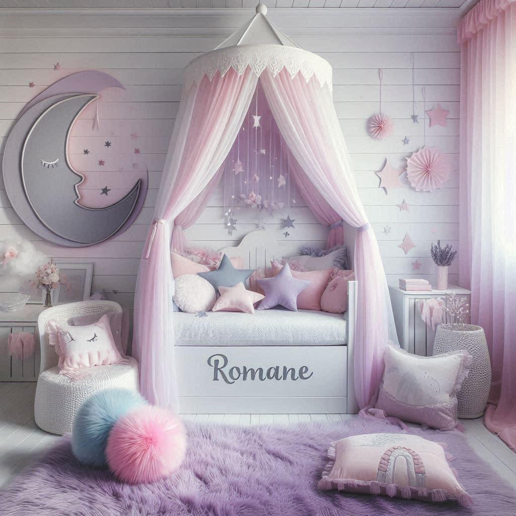Chambre feerique couleurs pastels pour petite fille idee deco inspiration personnalisee avec le prenom romane