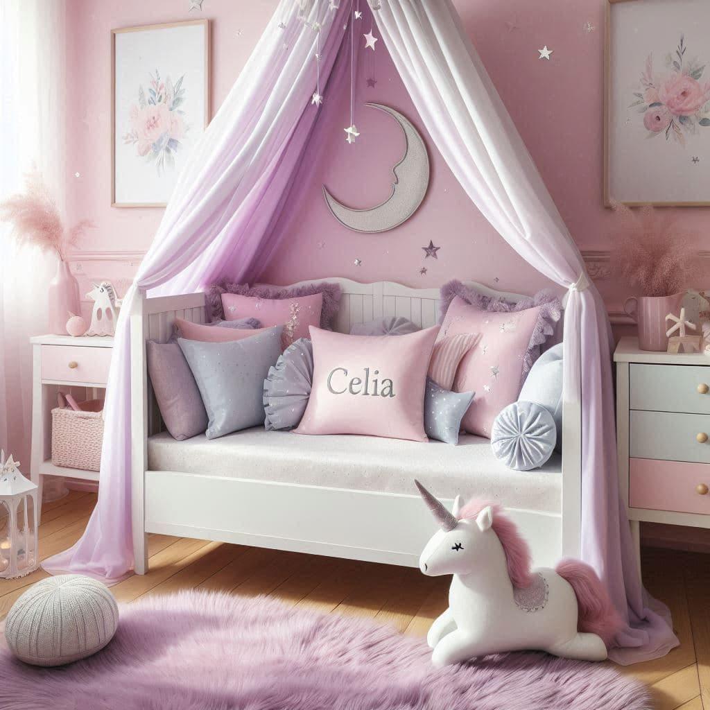 Chambre feerique personnalisee avec le prenom celia couleurs pastels rose lavande blanc