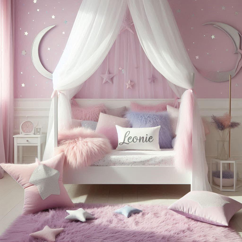 Chambre feerique pour fille personnalisee avec le prenom leonie couleurs rose lavande blanc princesse