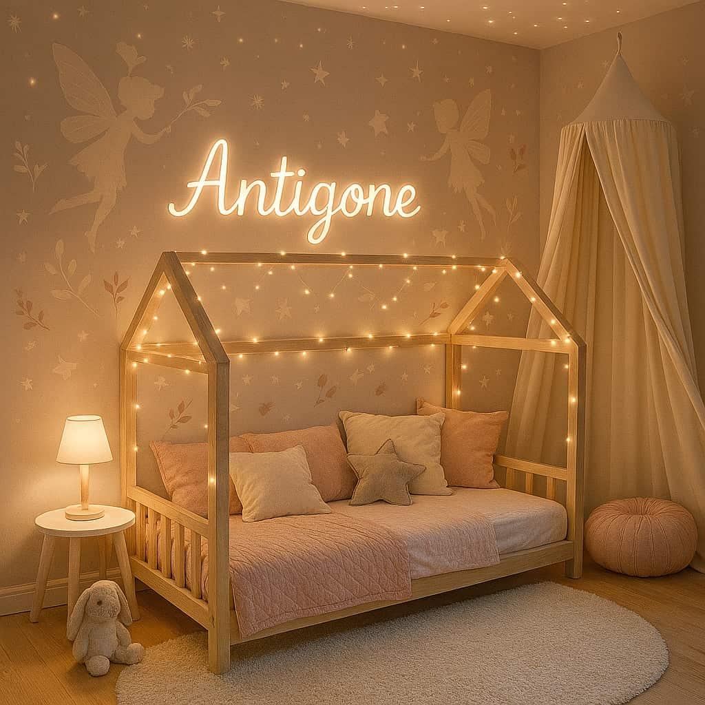Chambre feerique pour une petite fille avec un lit montessori guirlande led prenom antigone
