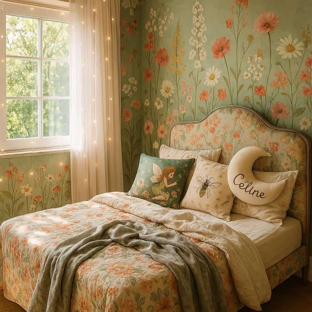 Chambre feerique tendance pour enfant avec guirlande lumineuse tapisserie fleurie lit avec draps en lin et couverture en velours argente coussins fees et lucioles coussin lune avec