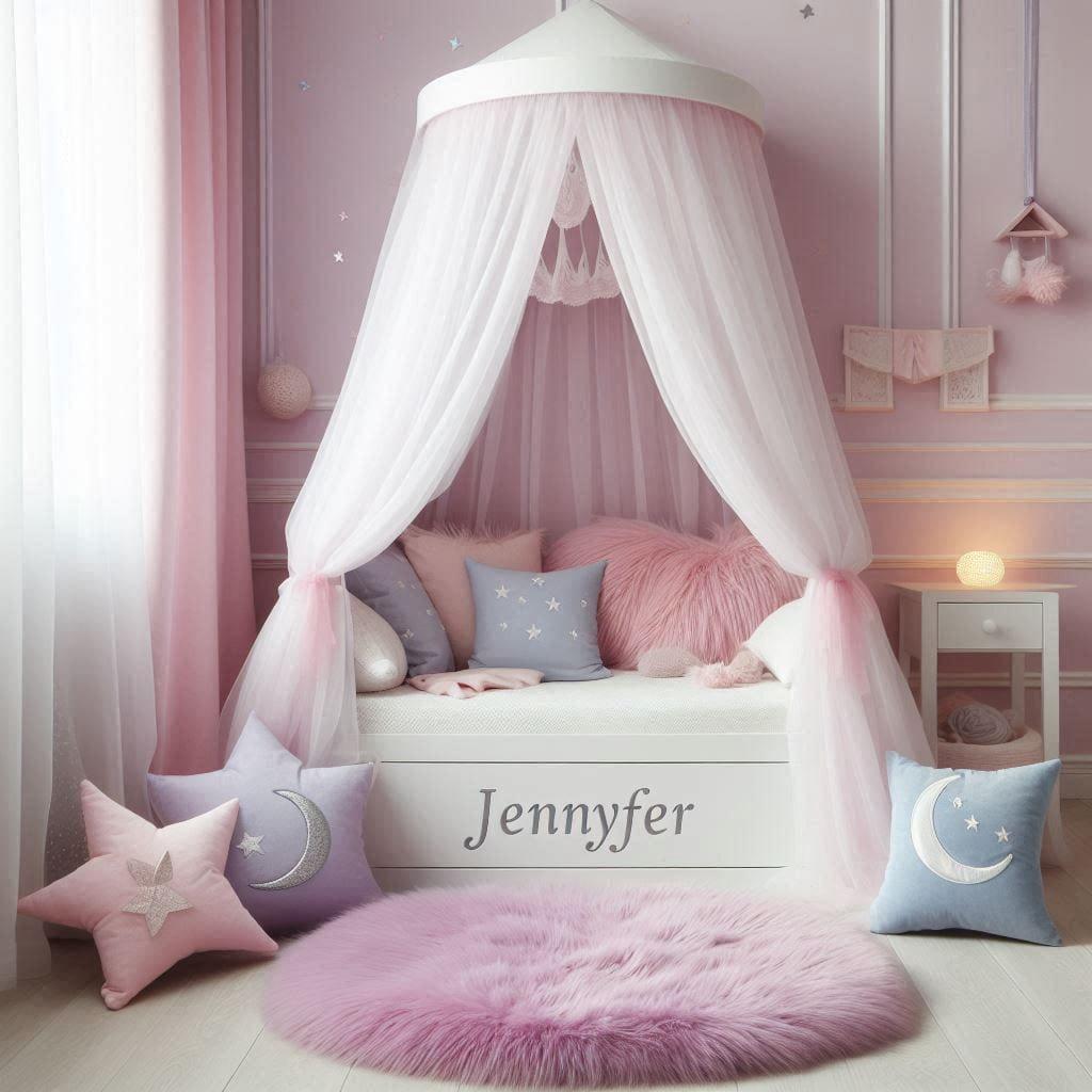 Chambre jennyfer avec lit cabane blanc ciel de lit rose poudre tapis en fausse fourrure lilas