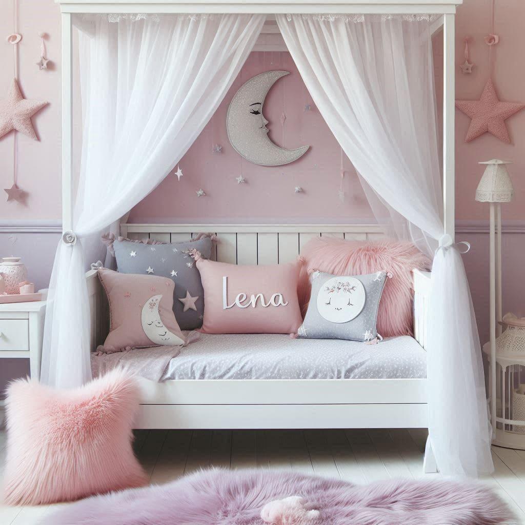 Chambre lena avec lit cabane blanc ciel de lit rose poudre tapis en fausse fourrure lilas chambre deco feerique