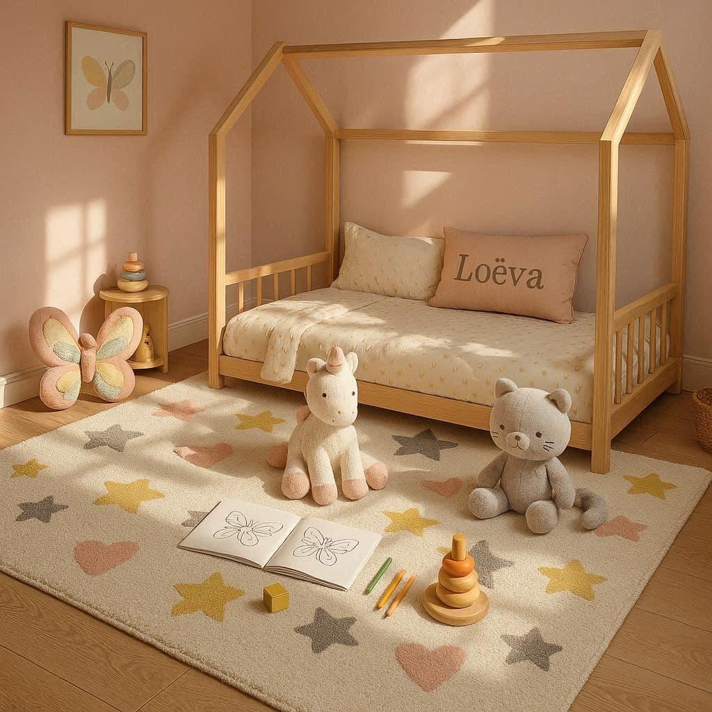 Chambre lit montessori pour petit enfant decoration de fille prenom loeva peluche licorne chat papillon lit cabane 1