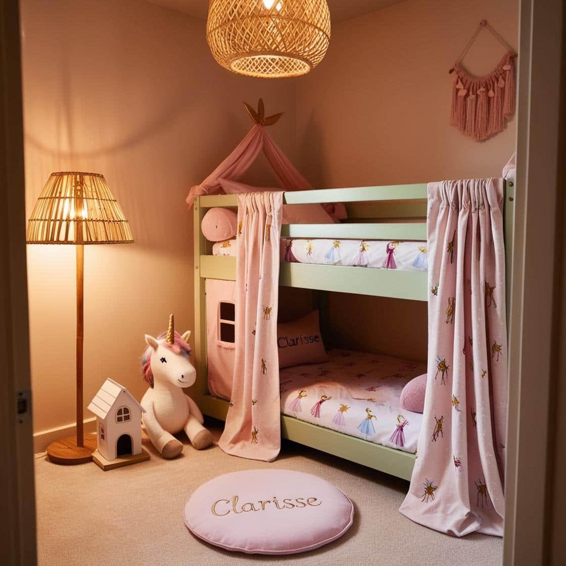 Chambre lit superpose theme licorne et rose prenom clarisse