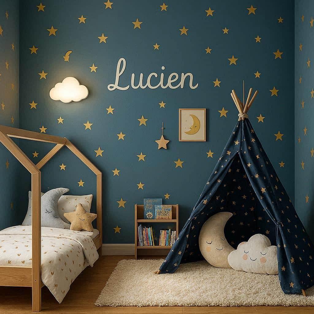 Chambre lucien theme ciel etoile avec lit cabane et tipi