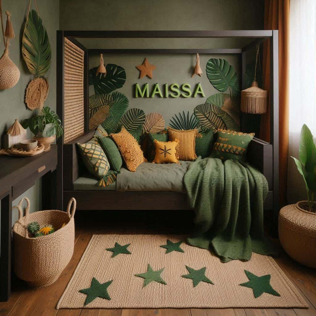 Chambre maissa lit cabane en bois fonce tapis jute naturel coussins en forme de feuilles etoiles vert jungle touches de jaune vif et orange