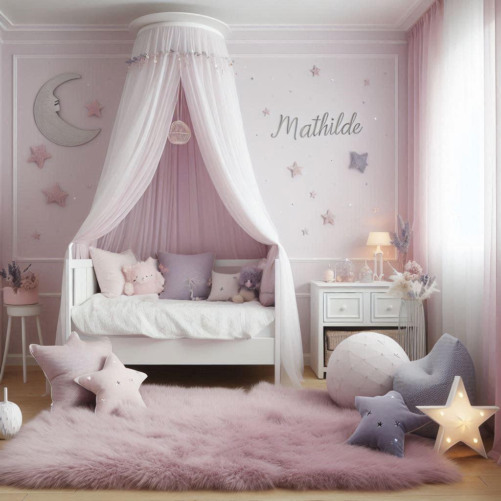 Chambre mathilde avec lit cabane blanc ciel de lit rose poudre tapis en fausse fourrure lilas