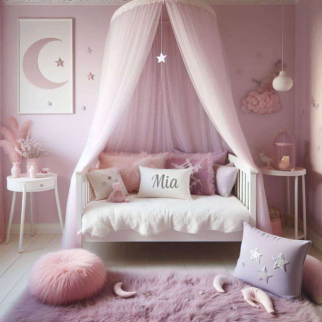 Chambre mia avec lit cabane blanc ciel de lit rose poudre tapis en fausse fourrure lilas