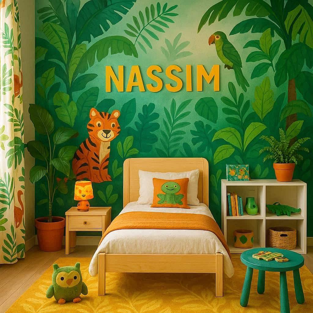 Chambre moderne de petit garcon nommee nassim decor jungle tropicale avec tapisserie et plantes luxuriantes