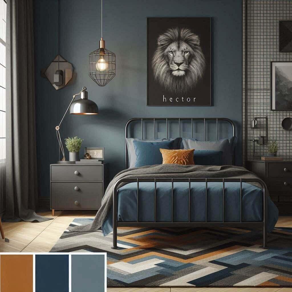 Chambre moderne et dynamique pour garçon nommée Hector, avec des couleurs puissantes comme le bleu marine, le gris anthracite et des touches de cuivre.