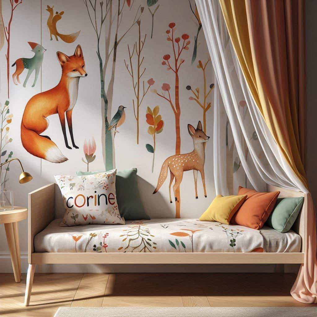 Chambre moderne et joyeuse pour une petite fille lit simple au design epure en bois clair avec un coussin personnalise portant le prenom corine en lettres colorees
