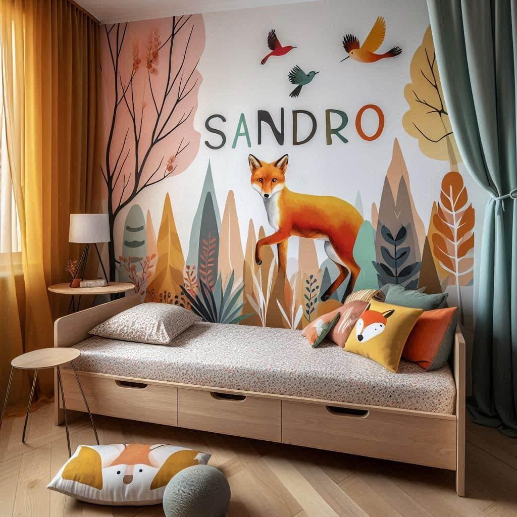 Chambre moderne et joyeuse pour une petite fille lit simple au design epure en bois clair avec un coussin personnalise portant le prenom sandro en lettres colorees