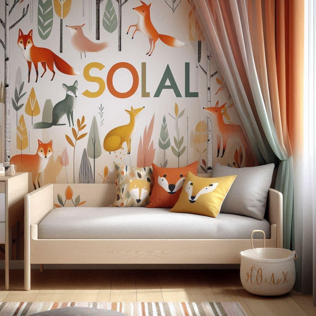 Chambre moderne et joyeuse pour une petite fille lit simple au design epure en bois clair avec un coussin personnalise portant le prenom solal en lettres colorees papier peint arti