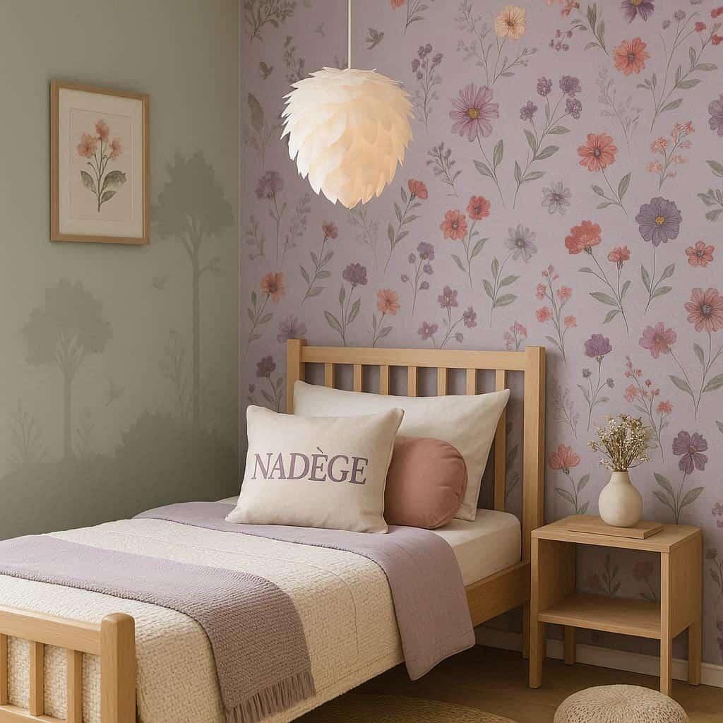 Chambre moderne prenom nadege lit simple tapisserie fleurs