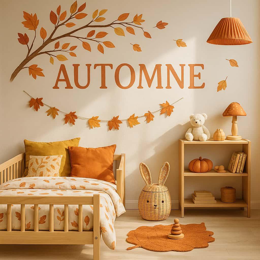 Chambre moderne tendance 2025 pour une petite fille automne lit montessori aux couleurs orange et jaune bois clair