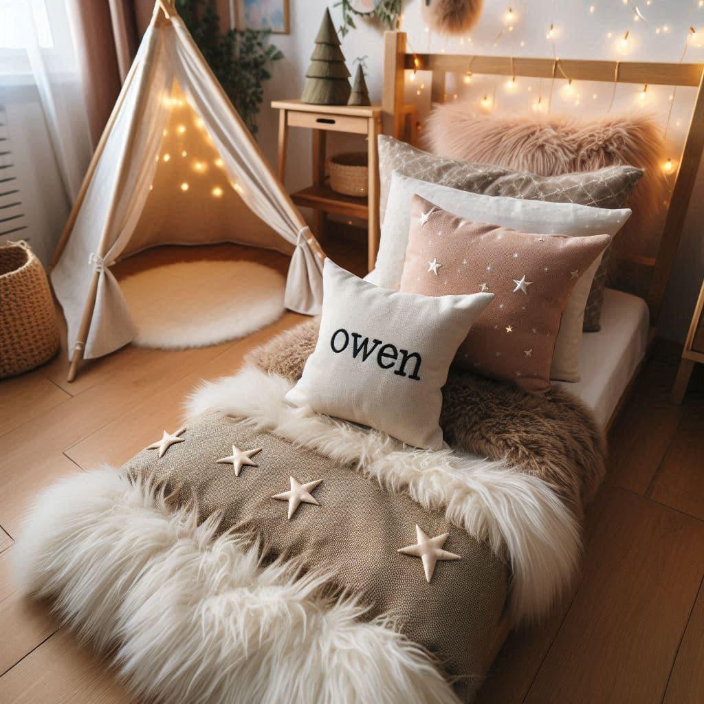 Chambre naturelle avec des couleurs claires entre scandinave et foret enchantee personnalise avec le prenom owen