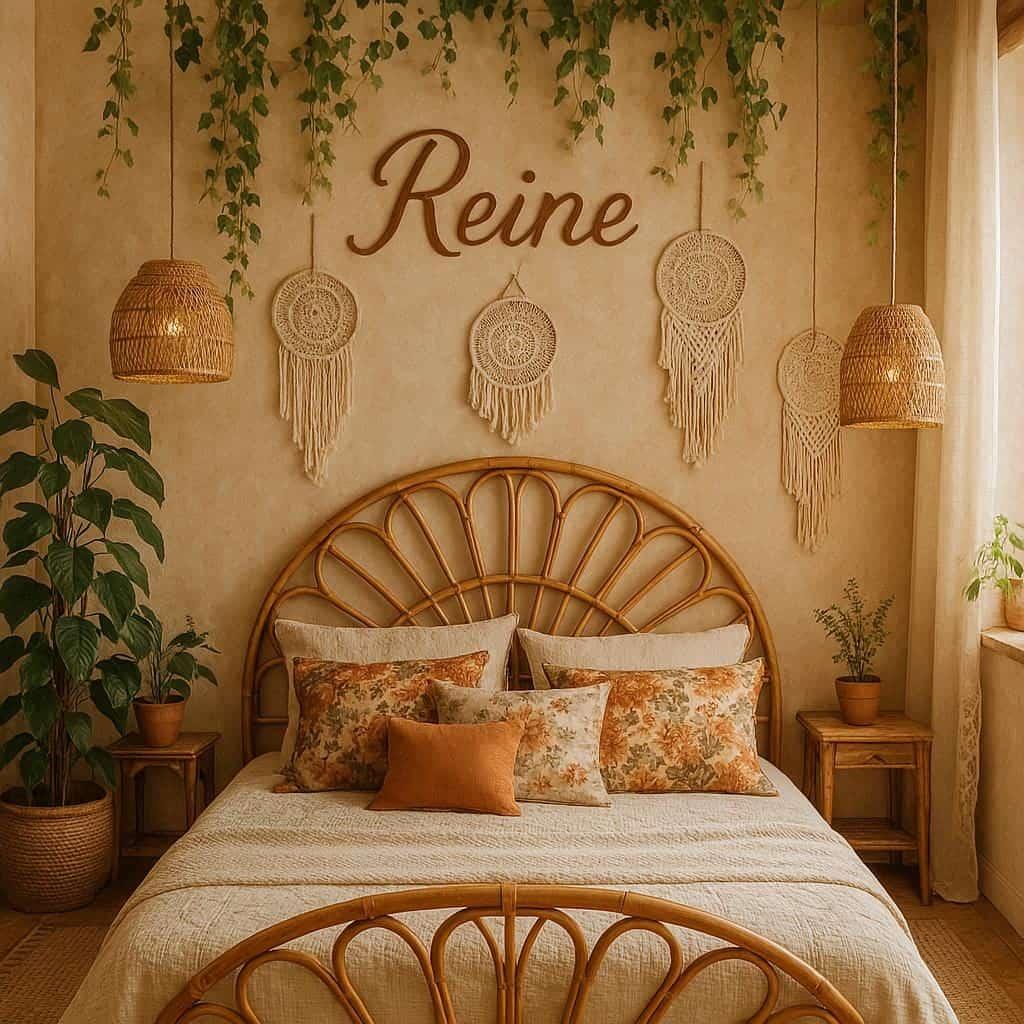 Chambre naturelle bohemienne couleurs terreuses prenom reine bambou rotin et plante