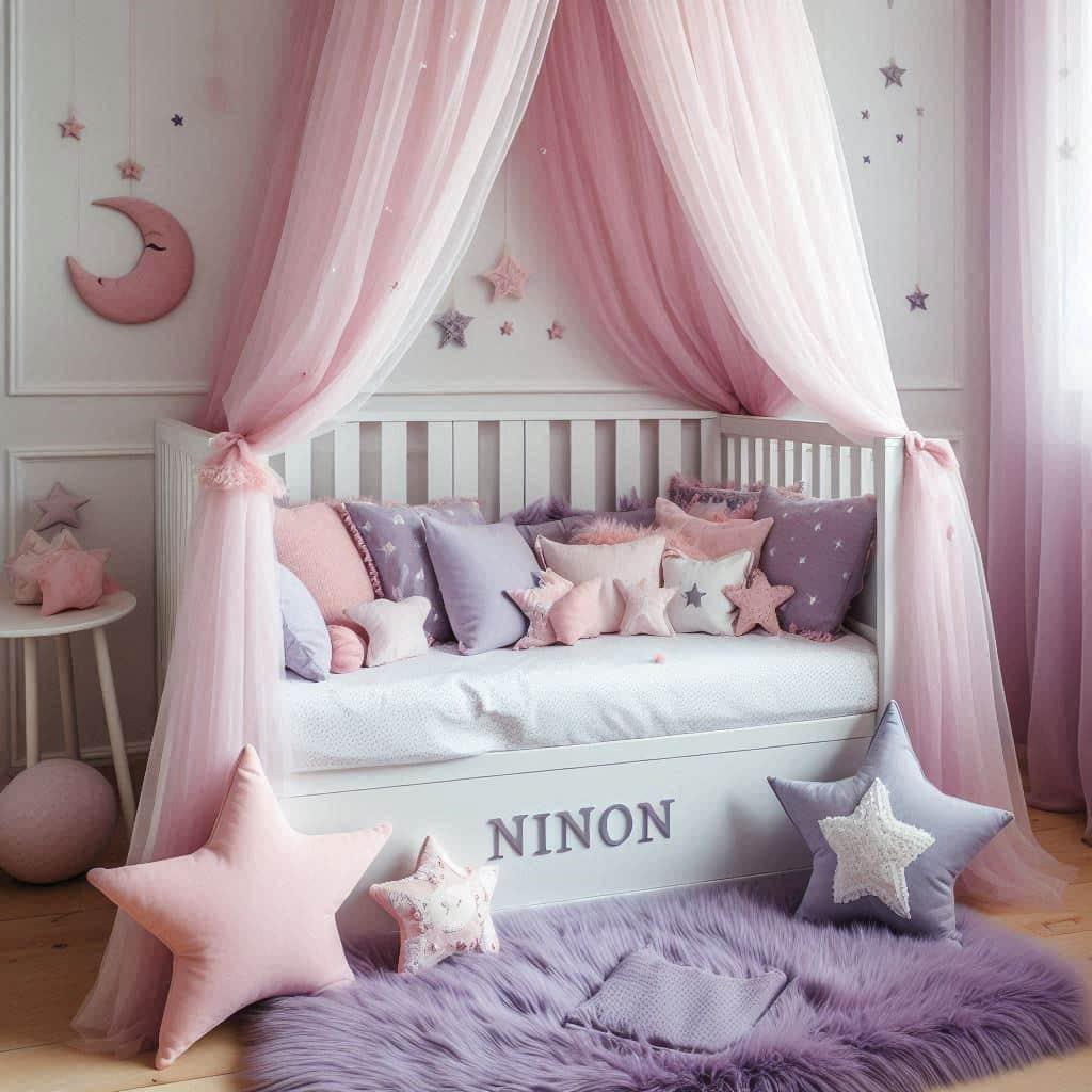 Chambre Ninon avec lit cabane blanc, ciel de lit rose poudré, tapis en fausse fourrure lilas