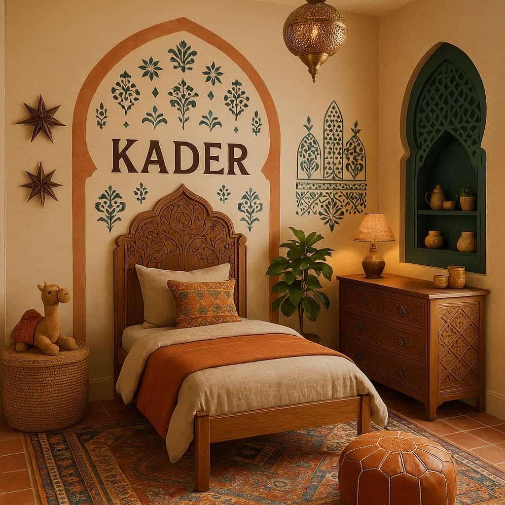 Chambre orientale pour enfant theme du maroc personnalise avec le prenom kader ecrit sur le mur