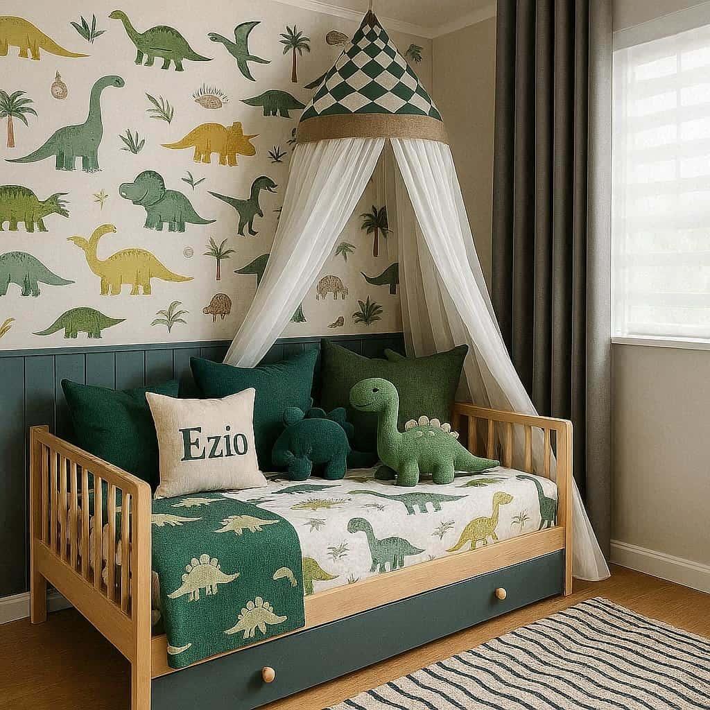 Une chambre de petit garcon qui se nomme ezio avec un lit en bois, un ciel de lit, tapisseries motifs dinosaures, draps, peluche dinosaure, ezio est ecrit sur un coussin