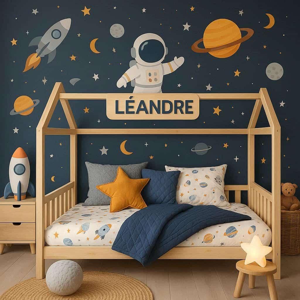 Chambre petit garcon theme astronaute avec lit cabane montessori en bois clair personnalise au nom de leandre
