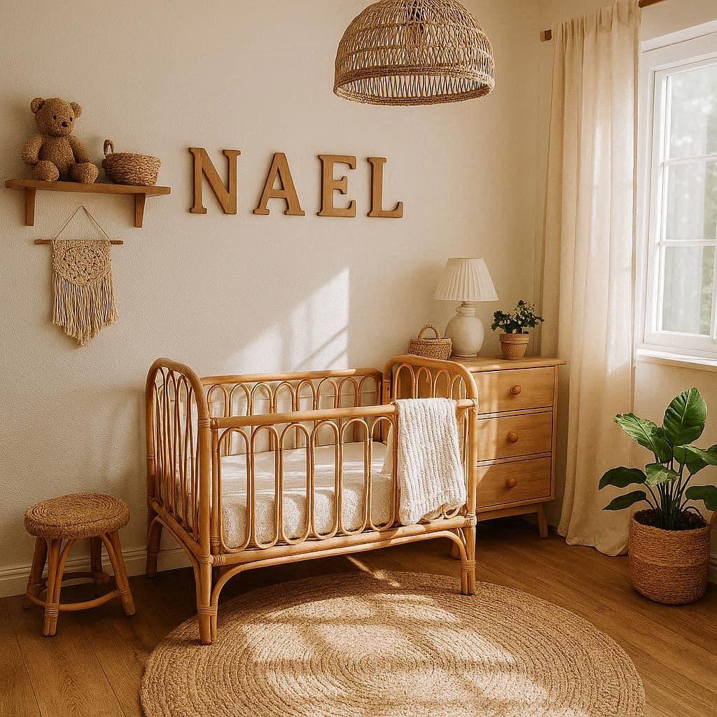 Chambre pour bebe garcon theme boho chic matiere rotin bois tissus prenom nael lit a barreaux rideaux a la fenetre lumiere du soleil naturelle traversante