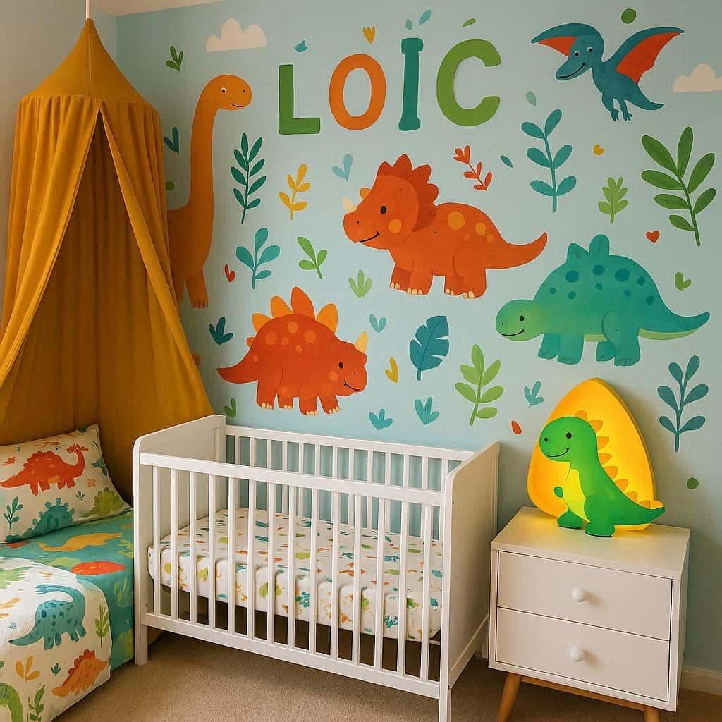 Chambre pour bebe garcon theme dinosaure prenom loic lampe dinosaure lit a barreaux blanc ciel de lit colore