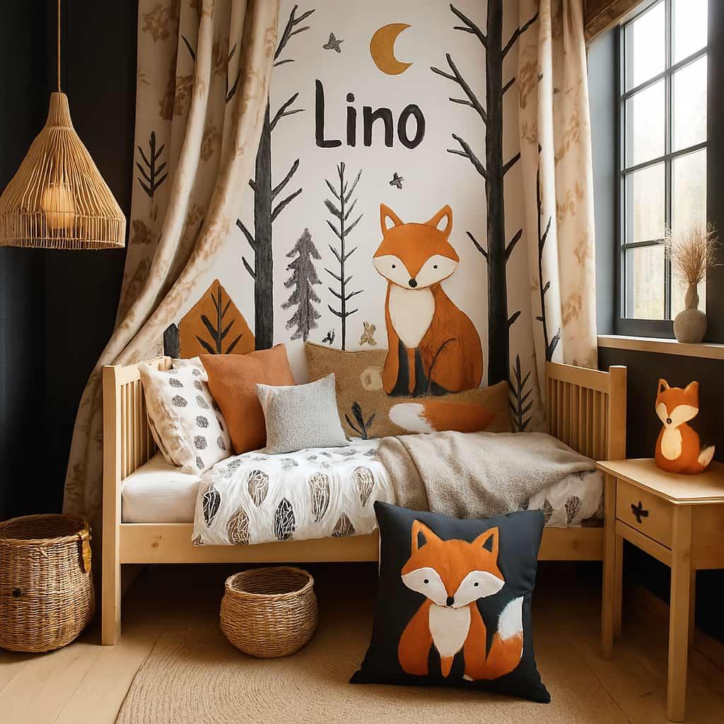 Chambre pour petit garcon decoration theme renard lit et commode coussin renard papier paint renard et foret personnalise avec le prenom lino