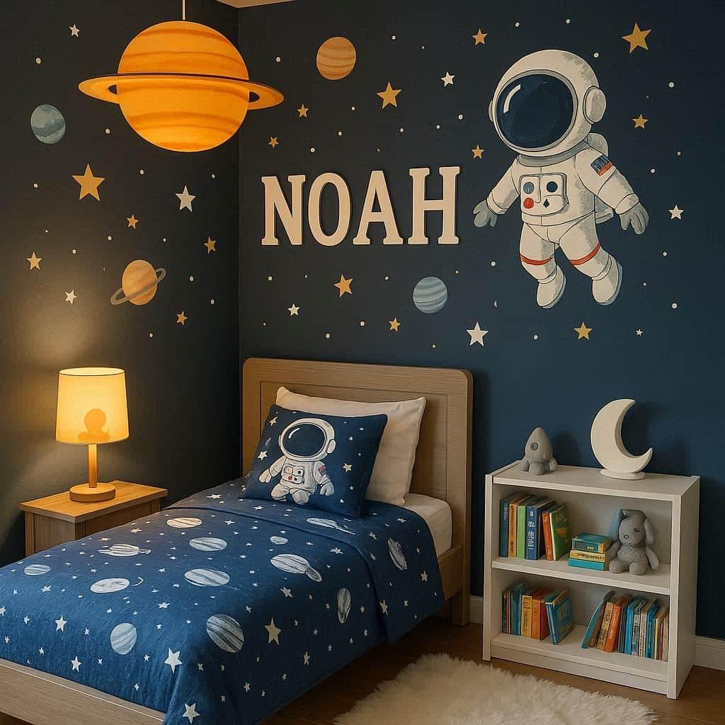 Chambre pour petit garcon theme astronaute prenom noah lampe allumee tapis de fourrure blanc petite bibliotheque a hauteur d enfant