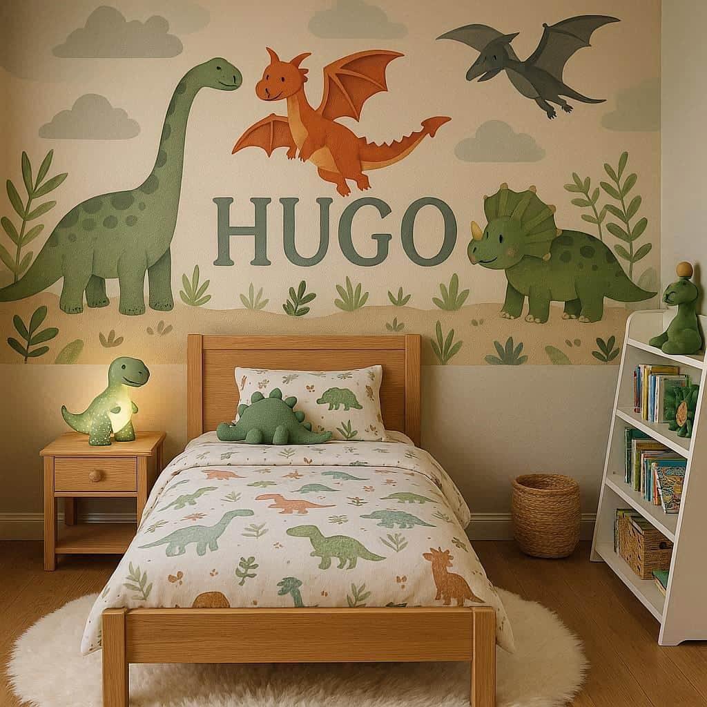 Chambre pour petit garcon theme dinosaure et dragons prenom hugo lampe dinosaure tapis de fourrure blanc petite bibliotheque a hauteur d enfant