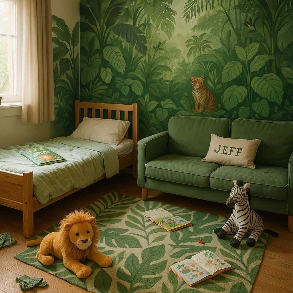 Chambre pour petit garcon theme jungle lit canape tapis de jeu tapisserie feuilles prenom jeff