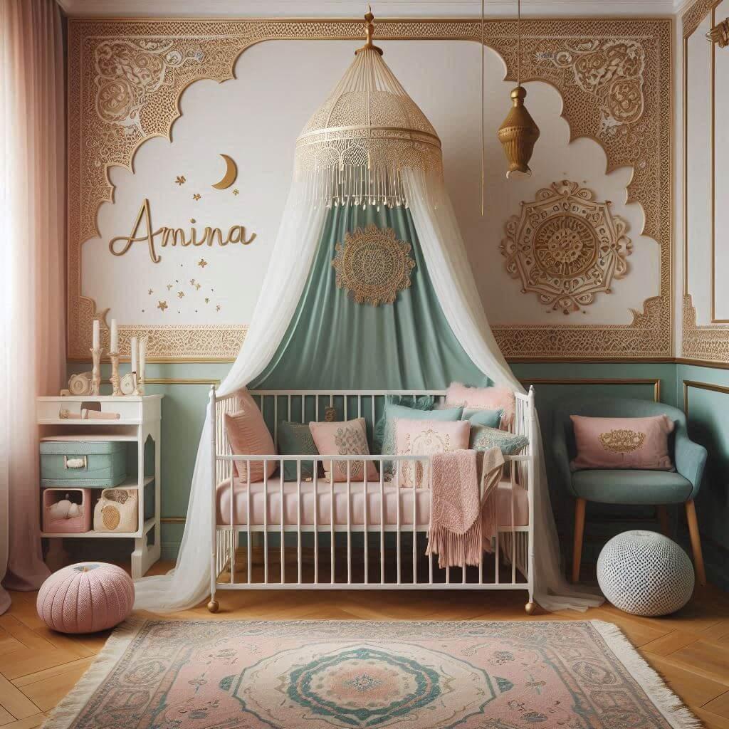 Chambre prenom amina style oriental rose poudre or vert d eau berceau ciel de lit