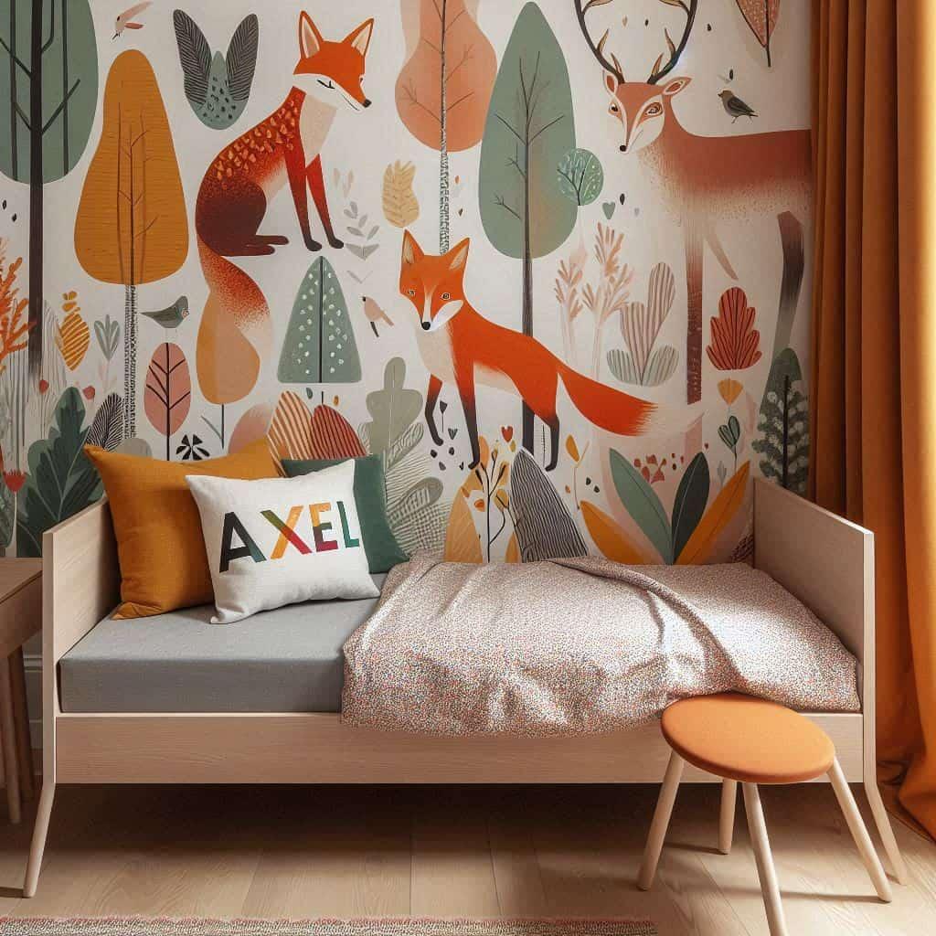 Chambre renard pour jeune garcon personnalise avec le prenom axel decoration coloree