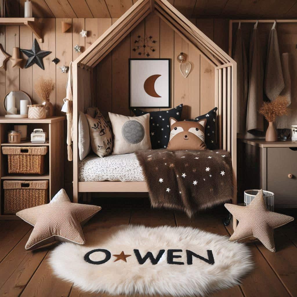 Chambre scandinave avec le prenom owen couleurs beige marron blanc