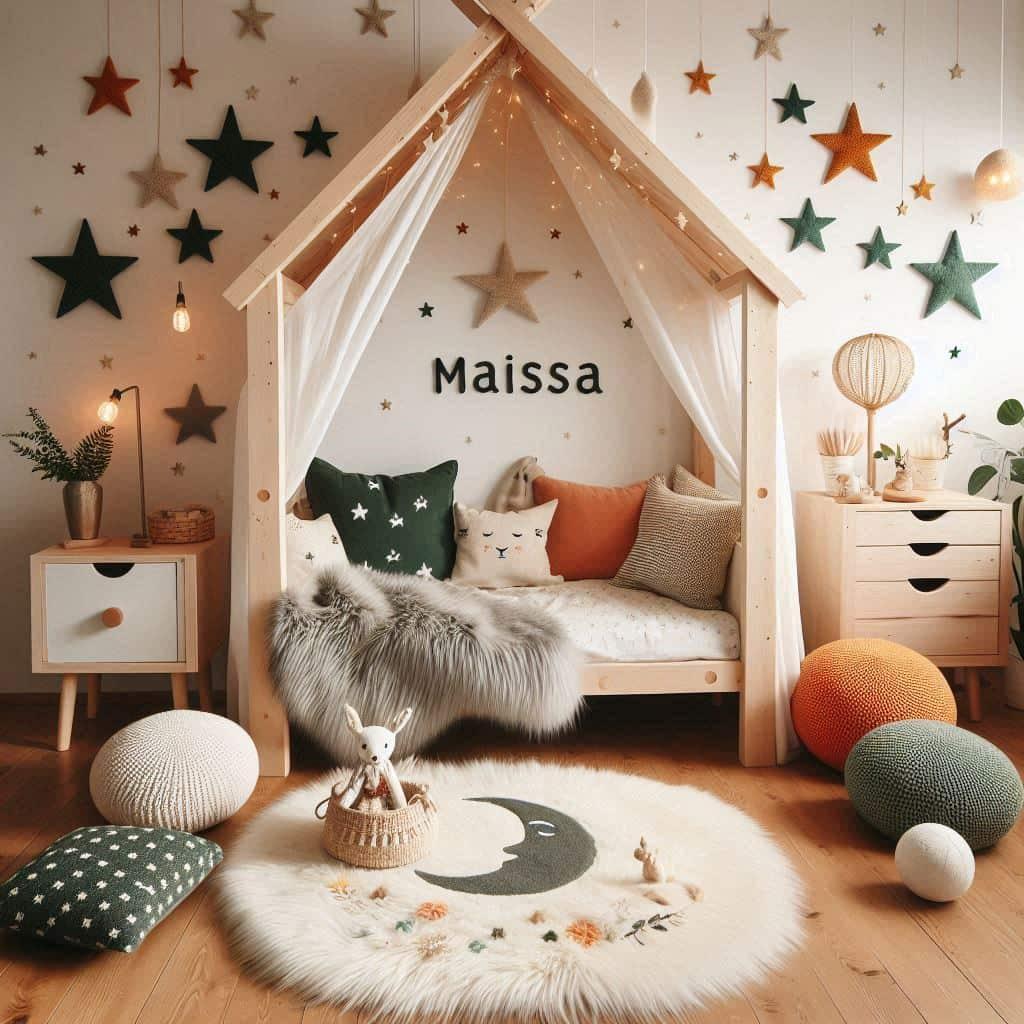 Chambre scandinave cocooning personnalisee avec le prenom maissa couleurs vert fonce orange et beige