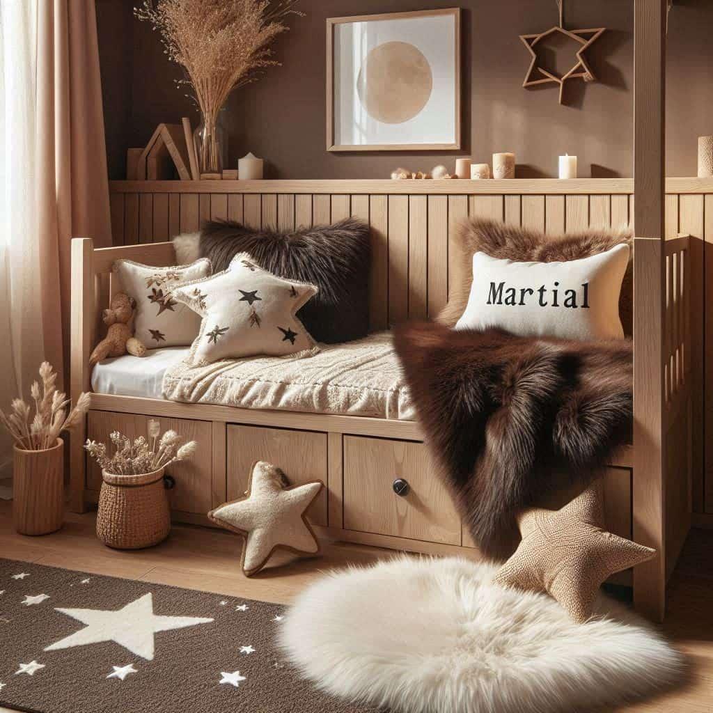 Chambre scandinave couleurs marron beige blanc personnalise avec le prenom martial