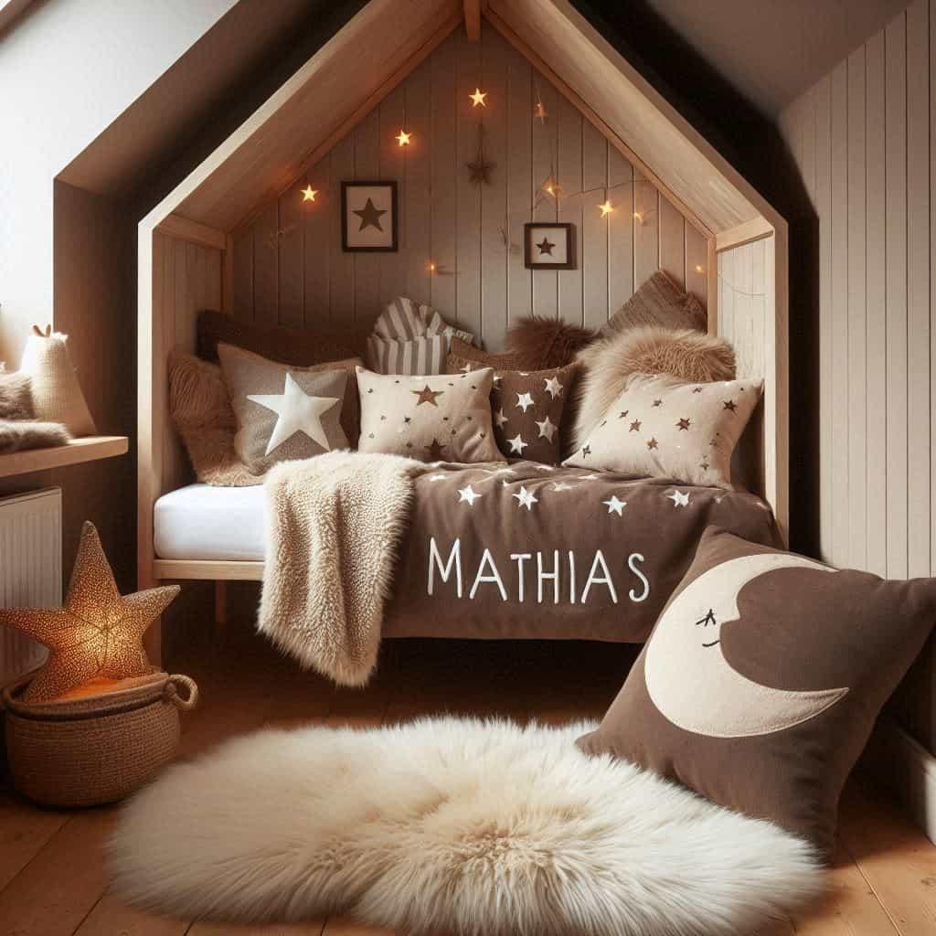 Chambre scandinave couleurs marron beige blanc personnalisee avec le prenom mathias
