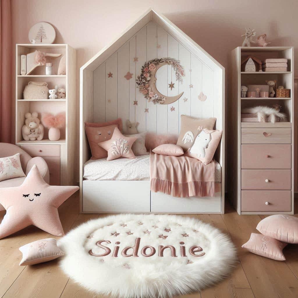 Chambre scandinave douce couleurs blanc et rose pastel pour princesse personnalise avec le prenom sidonie