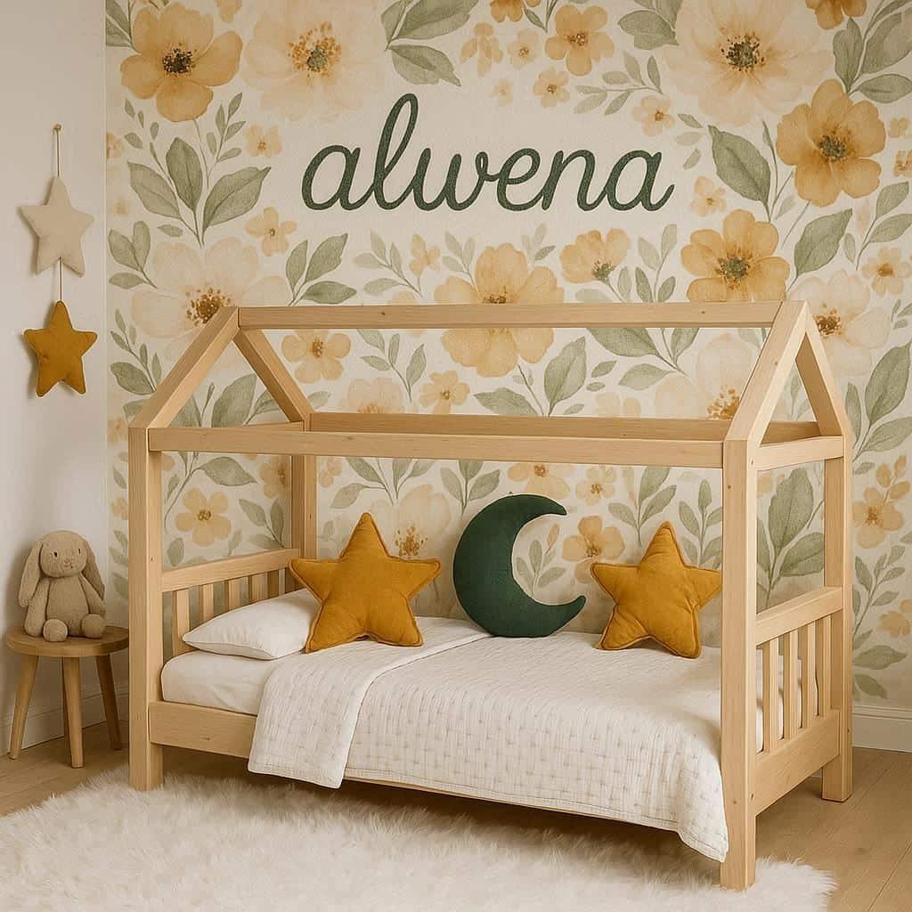 Chambre scandinave lit cabane montessori personnalise avec le nom alwena tapisserie fleurie deco moderne 2025