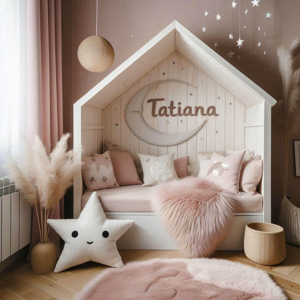 Chambre scandinave personnalisee avec le prenom tatiana couleurs rose pastel et blanc