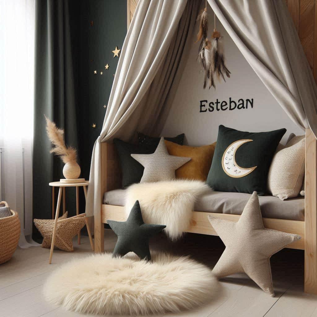 Chambre scandinave pour enfant personnalisee avec le prenom esteban couleurs vert fonce beige et moutarde